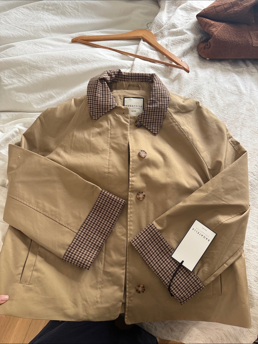 Bagatelle Women’s Tan Trench Coat with Brown Plaid Collar & Cuffs
